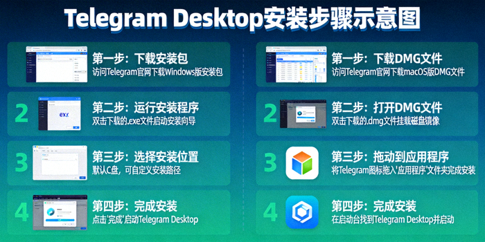 Telegram Desktop 在Windows和macOS系统上的安装步骤示意图